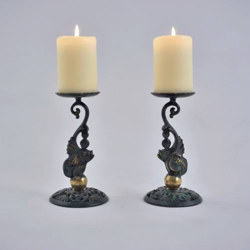 Pair Art Deco style fish candlesticks, gilt bronze & verdigris, 1950`s ca, French